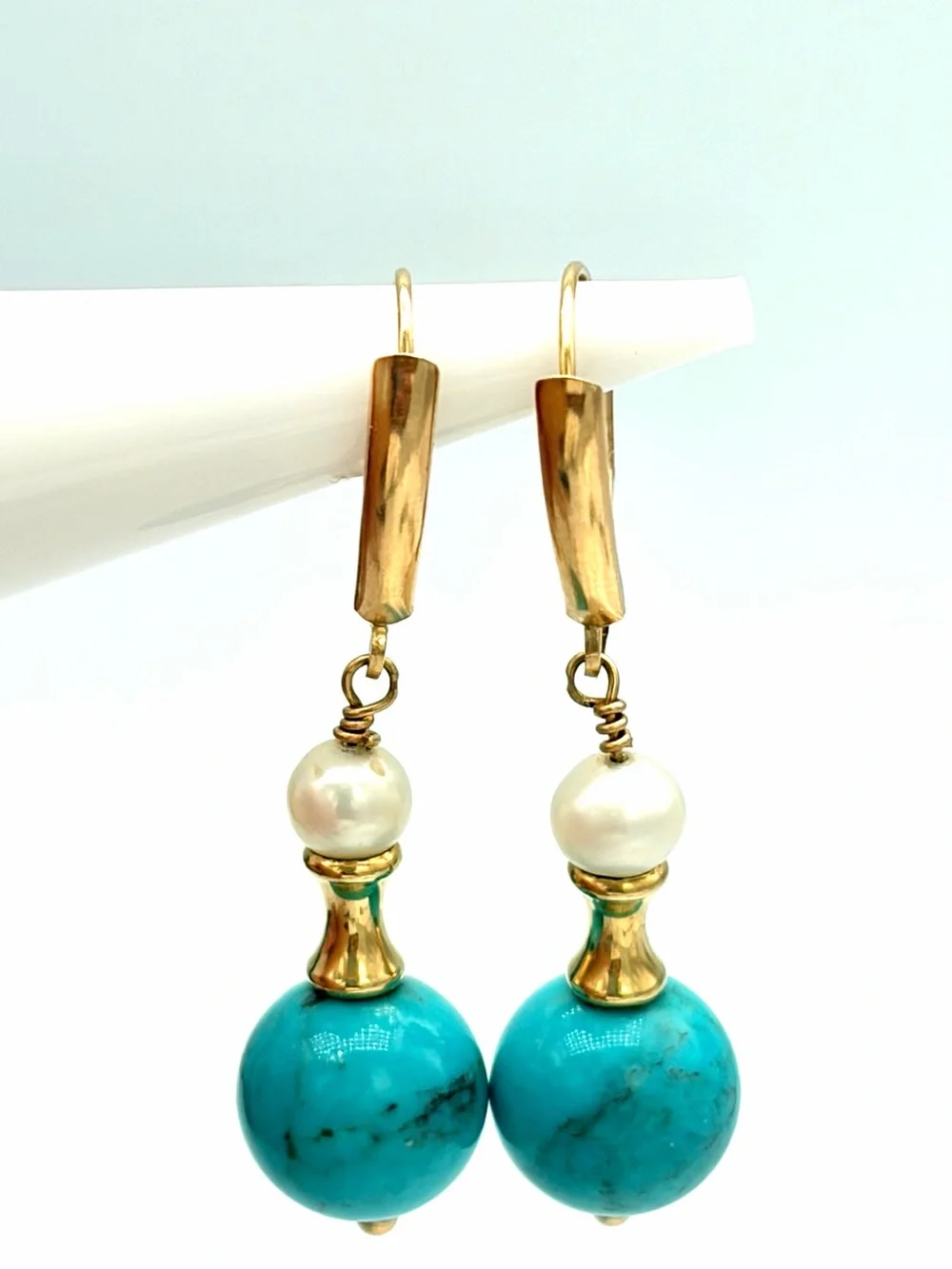 Vintage Zimmer Bros. Solid 14k Gold Turquoise Drop Earrings with Pearl Accent